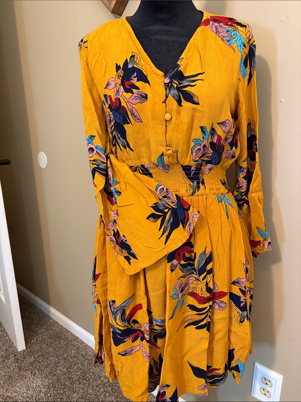 Floral Mustard Long-Sleeve Smocked-Waist Dress